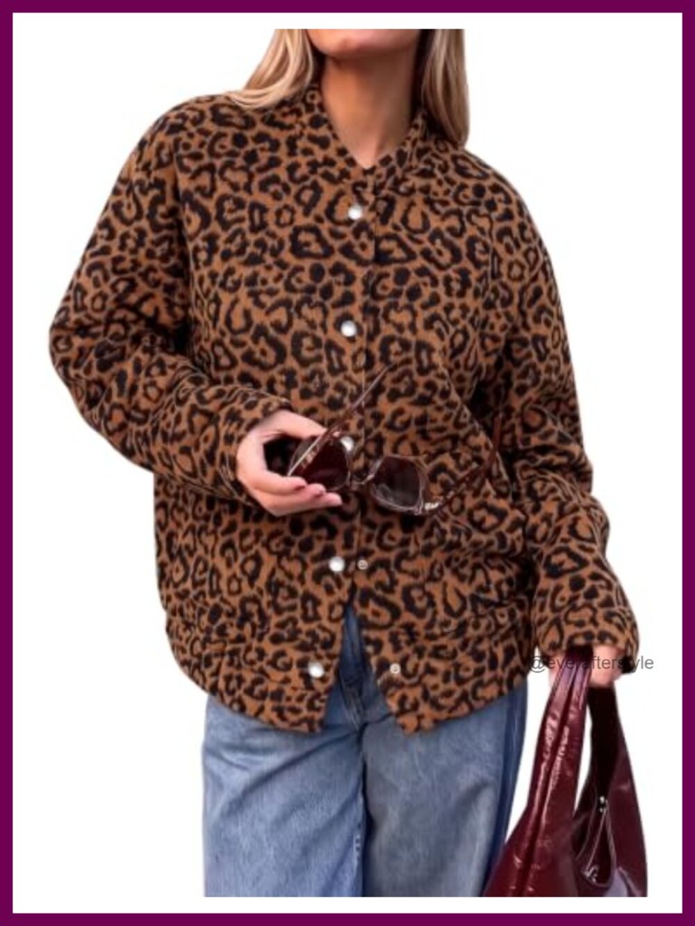 Wool Blend Leopard Print Oversized Bomber Jacket Snap Button Casual Coat